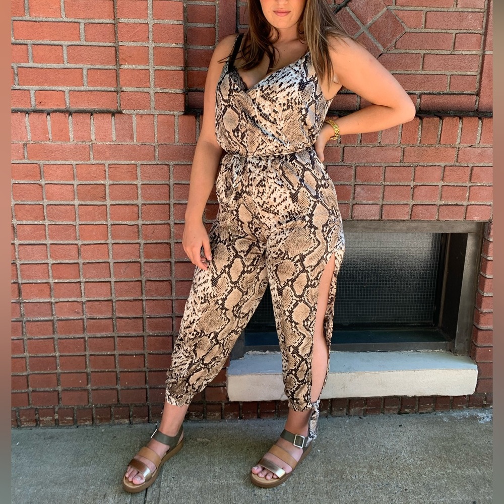 Lulu’s Jasper Beige Snake Print Surplice Jumpsuit